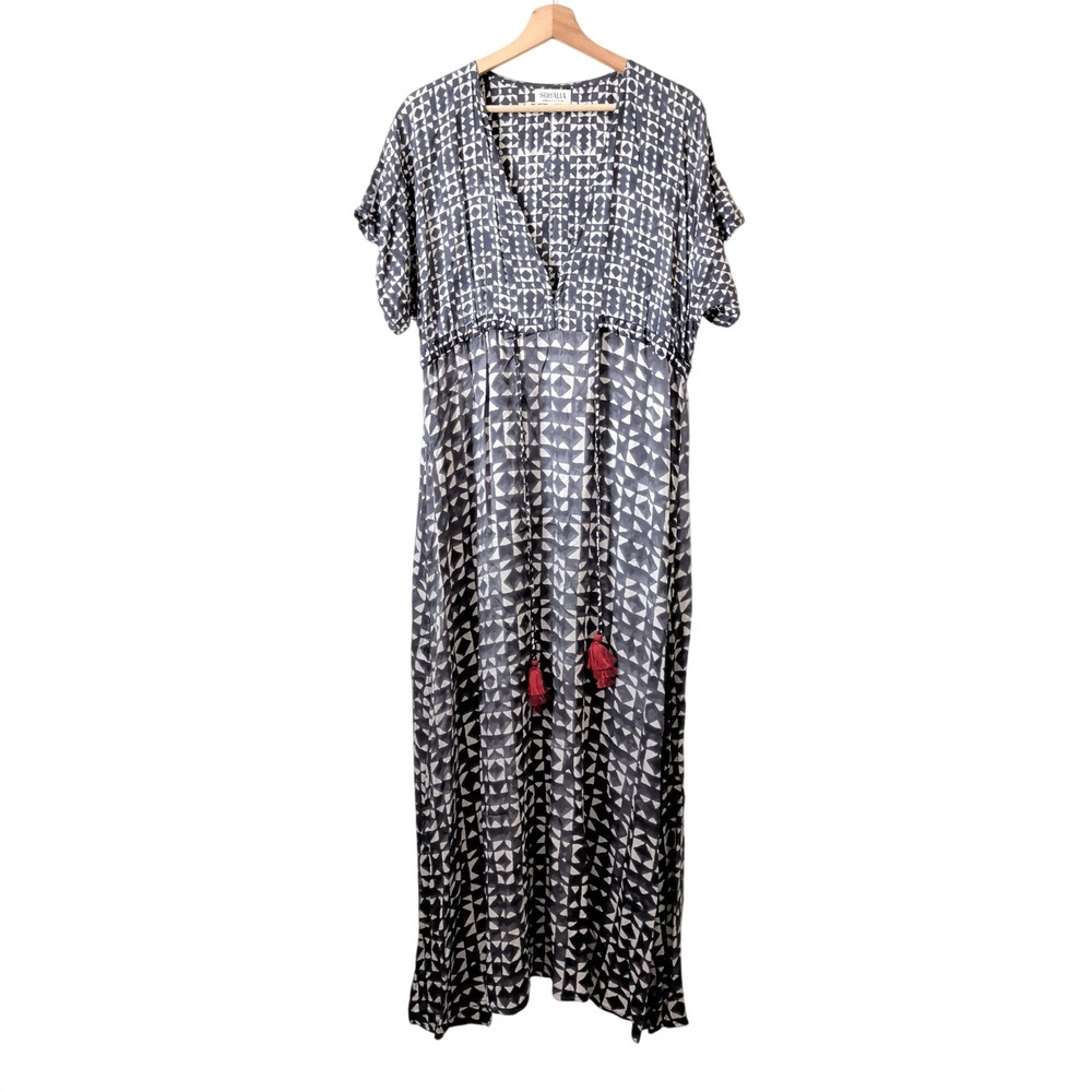 Sohalia Anthro Handmade Viscose Maxi Dress Grey White Red Tassels One Size Boho